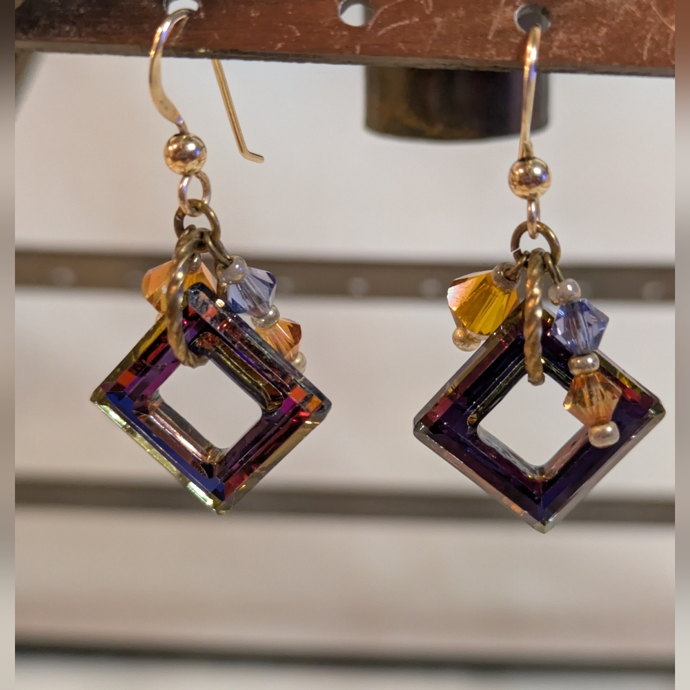 Crystals Square Dangle Earrings With Multiple Crystal Beads In Sterling Silver